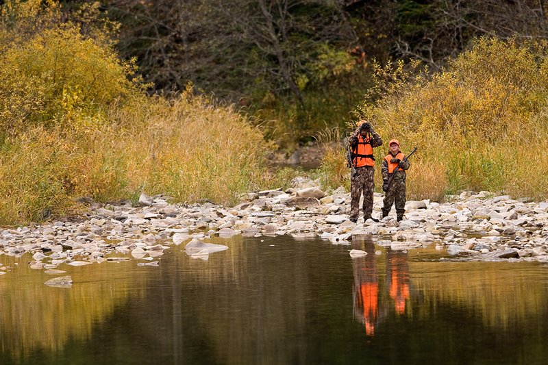 ©TC-Hunter Parent Child-D89995-00001.jpg :: Father wearing Advantage Max 4 camo w/florescent orange vest & hat hunts with his son wearing Realtree Brown camo and florescent orange vest/hat hunt along a river backwater in fall colors