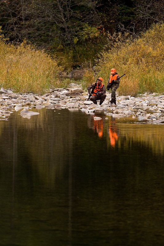 ©TC-Hunter Parent Child-D89995-00009.jpg :: Father wearing Advantage Max 4 camo w/florescent orange vest & hat hunts with his son wearing Realtree Brown camo and florescent orange vest/hat hunt along a river backwater in fall colors