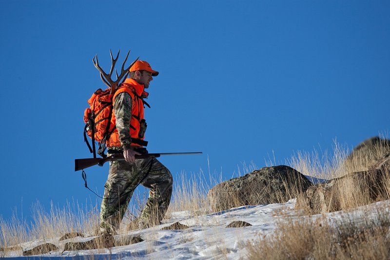 ©TC-Rifle Hunter in Snow-D089999-00704.jpg :: Rifle Hunter wearing Advantage Max1-HD camo with florescent orange hat/vest carrying a backpack with meat and rack of trophy mule deer along the crest of a mountain ridge