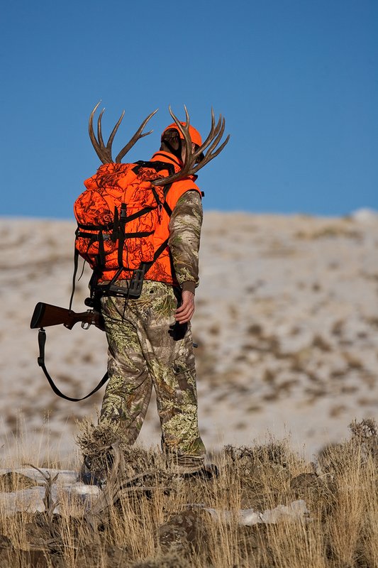 ©TC-Rifle Hunter in Snow-D089999-00722.jpg :: Rifle Hunter wearing Advantage Max1-HD camo with florescent orange hat/vest carrying a backpack with meat and rack of trophy mule deer along a sage/grassy moutain ridge