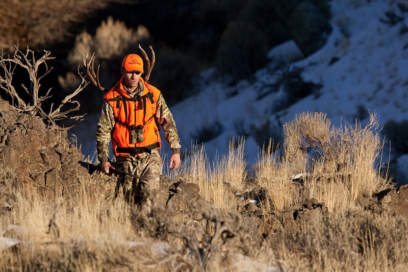 ©TC-Rifle Hunter in Snow-D089999-00825.jpg :: Rifle Hunter wearing Advantage Max1-HD camo with florescent orange hat/vest carrying a backpack with meat and rack of trophy mule deer along tall sage and rocky hillside