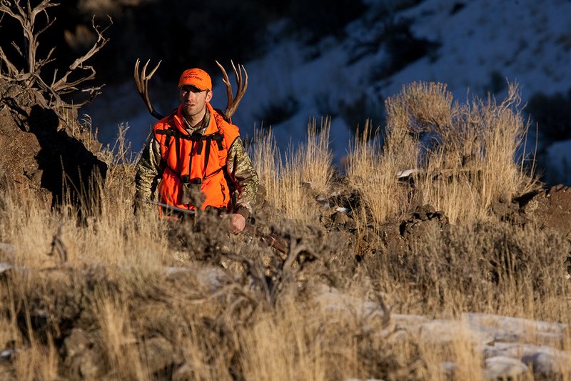©TC-Rifle Hunter in Snow-D089999-00831.jpg :: Rifle Hunter wearing Advantage Max1-HD camo with florescent orange hat/vest carrying a backpack with meat and rack of trophy mule deer along tall sage and rocky hillside