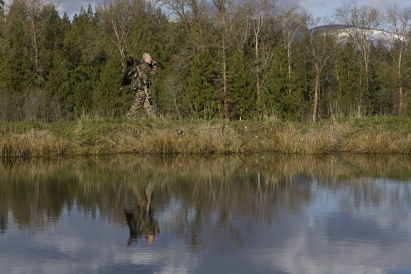 ©TC-Turkey Hunting-D90006-00432.jpg :: Turkey Hunter wearing Advantage Max 4HD Camo carrying Merriam Wild turkey out of the woods. Image of hunter and mountains reflected on surface of the pond.