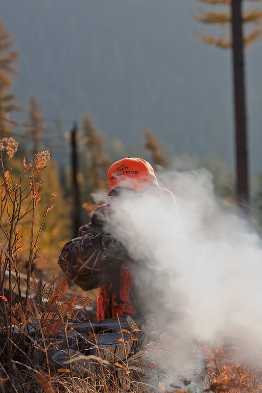 TC-Muzzleloader Hunters-D90008-00335.jpg :: Muzzleloader hunter wearing Advantage Max4-HD camo and Realtree Orange Vest shooting CVA Muzzleloader topped with Leuopold Omega Scope with smoke from muzzleoader coming from barrel, Larch trees in fall colors backlit in background