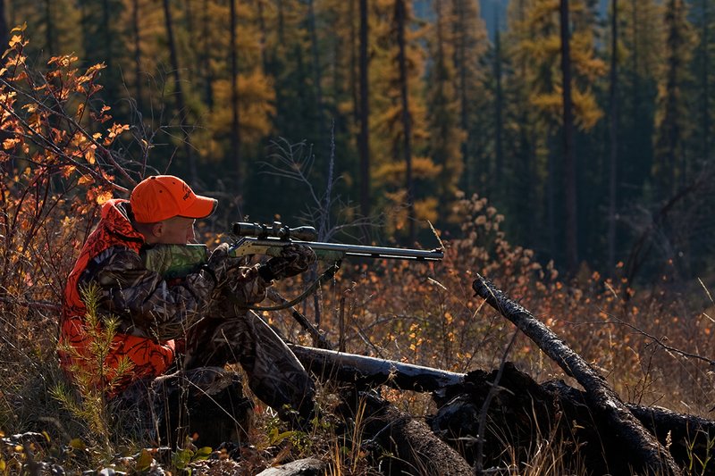 TC-Muzzleloader Hunters-D90008-00347.jpg :: Muzzleloader hunter wearing Advantage Max4-HD camo and Realtree Orange Vest shooting CVA Muzzleloader topped with Leuopold Omega Scope with smoke from muzzleoader coming from barrel, Larch trees in fall colors backlit in background