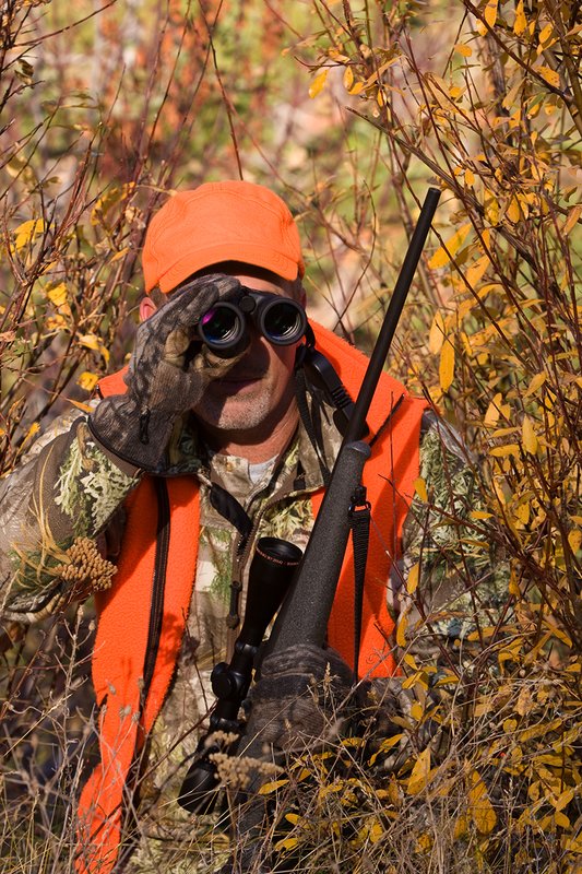 TC-Rifle Hunters-D90000-01356.jpg :: Rifle hunter wearing Realtree Max 1 camo and a florescent orange vest and hat crouched in willows watching game animals using a Sightron 10x42 binocular