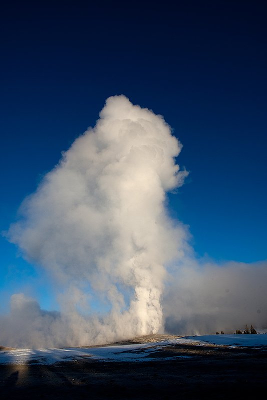 TC-Yellowstone winter-DYNP-W-00173.jpg :: Old Faitful Geyser erupting against blue sky and in fridgid cold air in winter in Yellowstone National Park