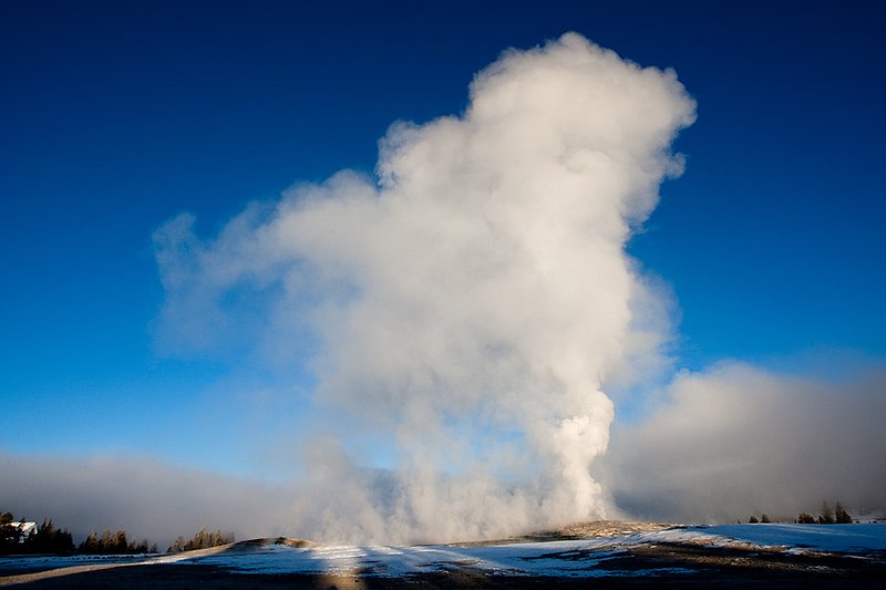TC-Yellowstone winter-DYNP-W-00177.jpg :: Old Faitful Geyser erupting against blue sky and in fridgid cold air in winter in Yellowstone National Park