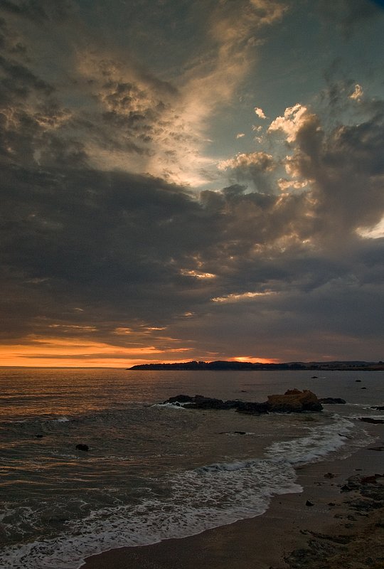 Dusk at San Simeon.jpg :: The billowing clouds of dusk at San Simeon State Beach below Hearst Castle on the central California coastline.