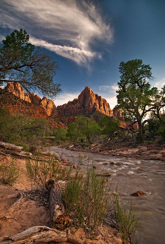 The Watchman.jpg :: A trek along the Pa'rus Trail captures the timeless beauty of the Watchman and Virgin River at dusk in Zion National Park, Utah