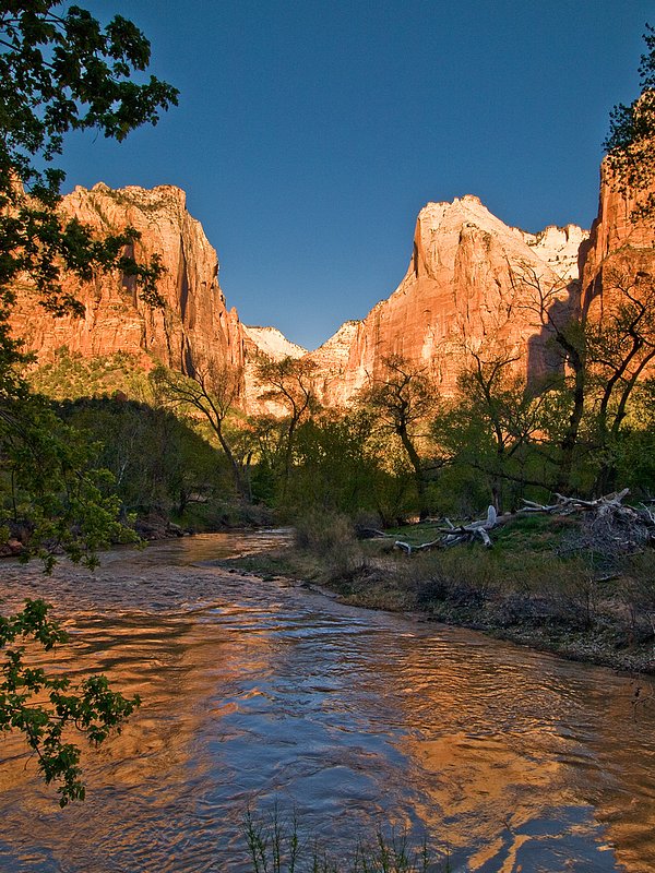 Virgin River Daybreak.jpg :: Daybreak along the Virgin River with Jacob and the Court of the Patriarchs on the right.  Zion National Park, Utah