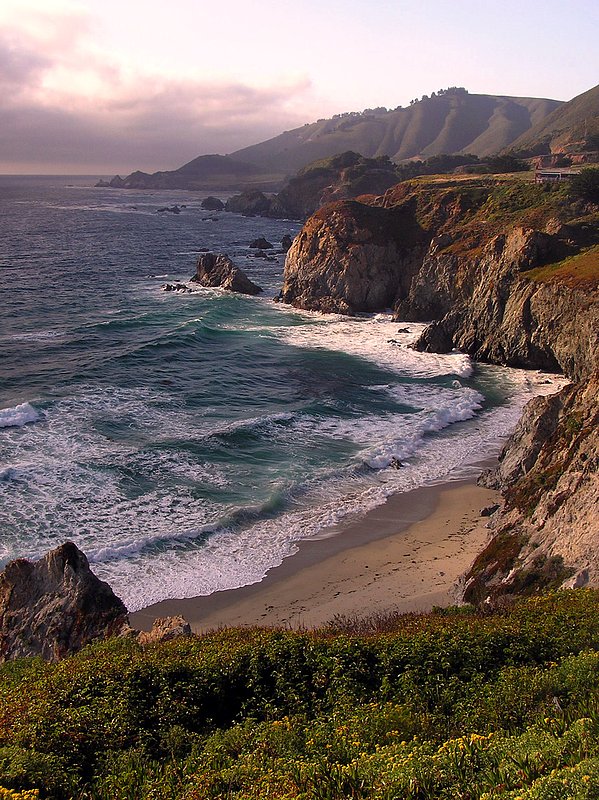 As the Fog Rolls In.jpg :: Dusk and the approaching marine layer signals day's end near the  Rocky Creek rridge at Big Sur, California.