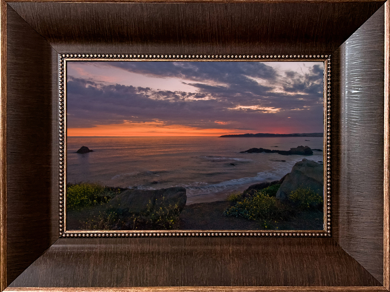 San Simeon Beach - Framed.jpg :: The glow of a pastel sunset at San Simeon Beach shoreline below Hearst Castle on the central California coastline.