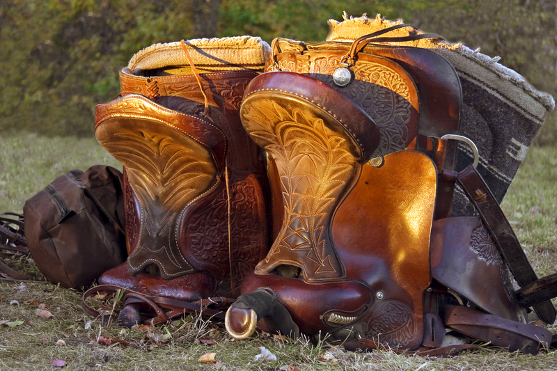 Days End FINAL.jpg :: Saddles on the ground after a long day of trail riding at Blue Gray Park in Jackson County, Missouri.  Ride was for a benefit fund raiser for a local farrier who had suffered a heart attack.  Saddles on Ground at Days End After Trail Ride with Saddle Bag, Blankets and Briddles, Lee's Summit, Missouri, USA, North America