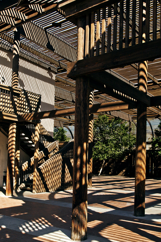 Lath House Pavilion FINAL.jpg :: Lath House Pavilion in Heritage Square displays intriquing lines & shadows.  It was designed for community activities by architect Robert Frankeberger & finished in 1980.