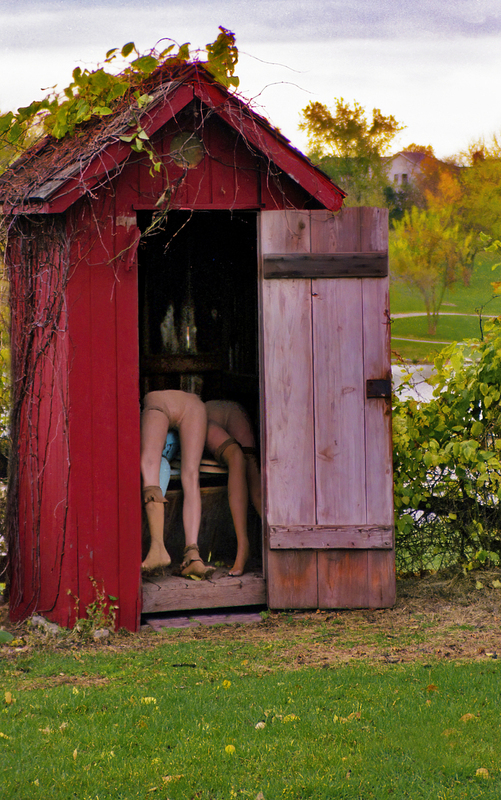 Outhouse with Manikins FINAL.jpg :: This outhouse was on the Legler Barn property in Lenexa, Kansas.  You can imagine my surprise when I opened the door and found two manikins fighting over the seat!