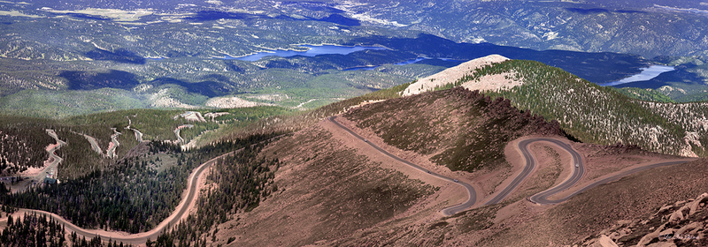 Pikes Peak Roads Hairpin Curves.jpg :: Looking down on a panoramic view of Pike's Peak Road's hairpin curves in Colorado Springs, Colorado.