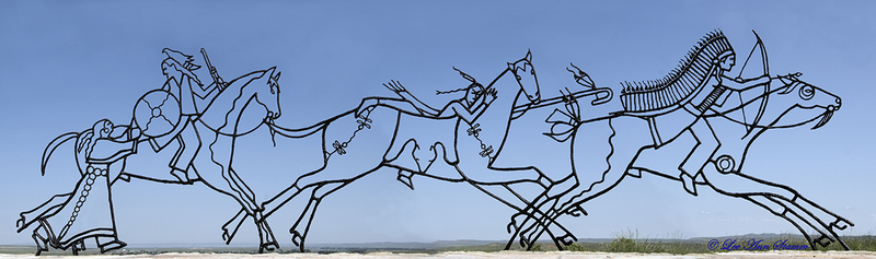 Spirit Warriors Sculpture.jpg :: Spirit Warriors Sculpture at Little Bighorn Battlefield National Monument in Crow Agency, Montana, USASpirit Warriors sculpture by Oglala Lakota artist, Colleen Cuterhall.  It represents the free spirit of warriors riding into battle. Little Bighorn Battlefield National Monument in Crow Agency, Montana, USA