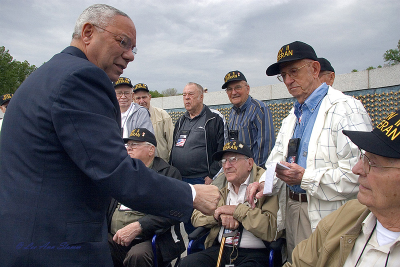 WWII Vets With Colin Powell.jpg :: Honor Tour 2010 - April 23-25.  Started in Poplar Bluff, Missouri.  Police and Patriot Guard Escort to Jackson, Missouri for an honor ceremony at the Senior High School.  Then off to St. Louis airport to go to Washington, D. C.  The World War II veterans saw many memorials, Colin Powell, Representative Ike Skelton,  Rep Jo Ann Emerson, and were treated to some of the best restaurants in the area.  Standing ovations, color guards and handshakes were everywhere.  A great and inspiring trip.Photos taken by Lee Ann Stamm, daughter of Neil R. Hermance (World War II Veteran)  Also on the trip were his guardian, Tim Stamm; wife, Ruth Hermance; and son, Randy Hermance.