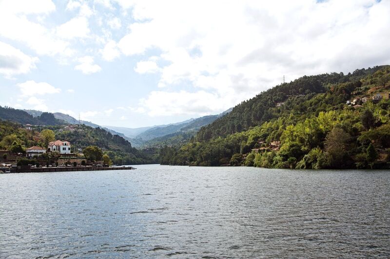 DC 22-0654-120.jpg :: Saga Douro River Cruise, Porto to Regua Lamego, River Douro: Early morning aboard the MS Douro Spirit departing Porto to Lamego. Embankment scenery on route to Lamego, passing junction of the River Bestanca with Cinfães to the left. Photo taken 30/08/2022