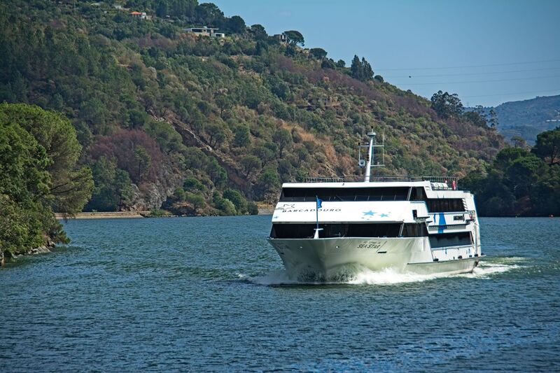 DC 22-0654-129.jpg :: Saga Douro River Cruise, Porto to Regua Lamego, River Douro: Early morning aboard the MS Douro Spirit departing Porto to Lamego. River tour vessel 'Sea Star', registration PT-127468-AL sailing along the River Douro just past the Ponte de Mosteirô. Photo taken 30/08/2022