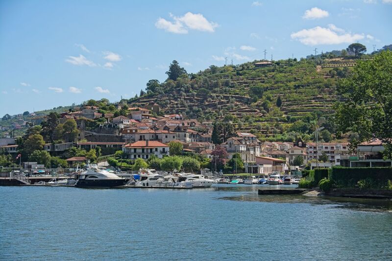 DC 22-0654-139.jpg :: Saga Douro River Cruise, Porto to Regua Lamego, River Douro: Early morning aboard the MS Douro Spirit departing Porto to Lamego. Embankment scenery on route to Lamego, passing marina at Miomães. Photo taken 30/08/2022