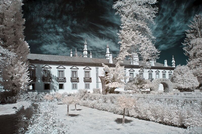 DC 22-0766-105a.jpg :: Saga Douro River Cruise, Fundação da Casa de Mateus: The Mateus Palace, also known as the Solar de Mateus and Casa de Mateus, is located in the parish of Mateus, municipality of Vila Real, District of Vila Real. The Casa de Mateus was built in the first half of the 18th century by the 3rd Morgado de Mateus, António José Botelho Mourão. The house was always administered by the Sousa Botelho family. The project for this palace was presumably designed by the architect Nicolau Nasoni. The Palace consists of the main house, the gardens, the wine cellar and a chapel. The Mateus Palace has been classified as a National Monument since 1910. Infra-Red Image. Photo taken 30/08/2022
