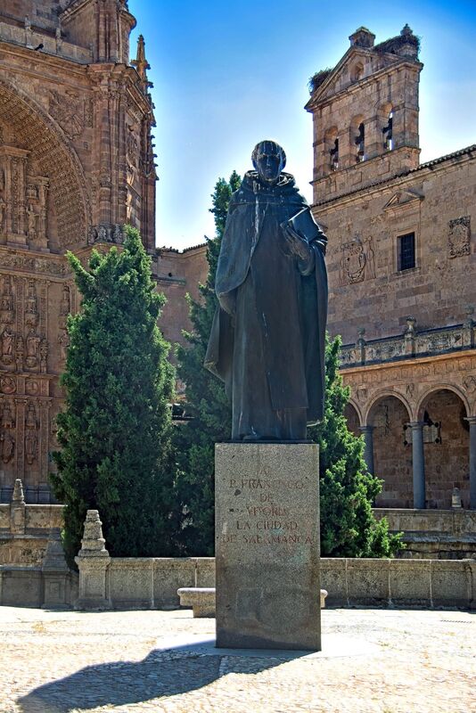 DC 22-0794-051.jpg :: Saga Douro River Cruise, Salamanca. Spain: The image displays the Monumento a Francisco de Vitoria located in Salamanca in the courtyard of the Convento de San Esteban. Francisco de Vitoria was a prominent 16th-century Spanish jurist and theologian. He is considered the father of modern international law and a key defender of the human rights of the indigenous peoples of the Americas. He founded the influential School of Salamanca, which included other significant jurists and theologians. Photo taken 01/09/2022
