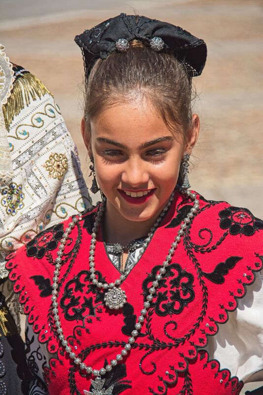 DC 22-0794-054.jpg :: Saga Douro River Cruise, Salamanca. Spain: Young Spanish girl in traditional Spanish costume at the Plaza del Concilio de Trento. Photo taken 01/09/2022