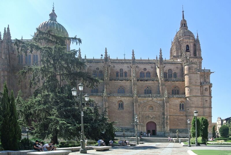 DC 22-0794-078.jpg :: Saga Douro River Cruise, Salamanca. Spain: The New Cathedral of Salamanca (Catedral Nueva), located in Salamanca, Spain. This architectural marvel is a blend of late Gothic, Plateresque, and Baroque styles. Construction took place between 1513 and 1733, making it one of the largest cathedrals in Spain. It is part of a unique complex where the New Cathedral is built alongside the older Romanesque-style Old Cathedral (Catedral Vieja). The cathedral is known for its impressive height, including a tower that stands at 92 meters, one of the tallest in Spain. A notable curiosity is the modern carving of an astronaut on one of the cathedral's doors, added during a 20th-century restoration. Photo taken 01/09/2022