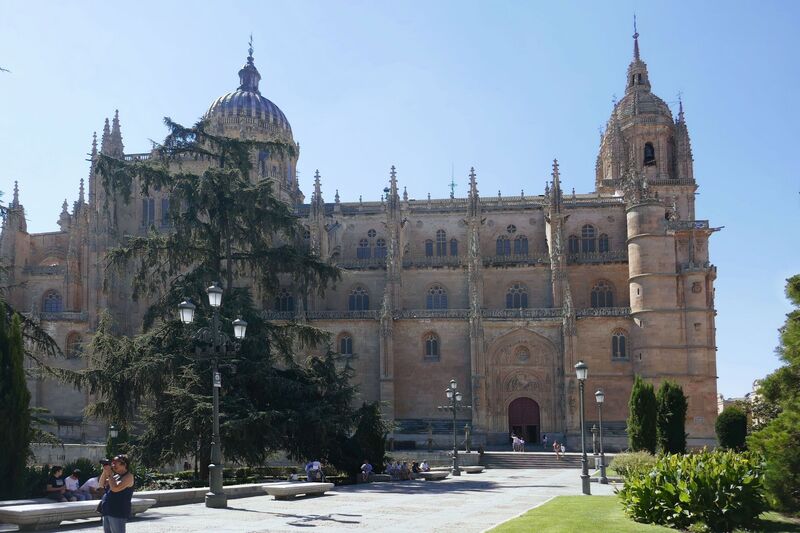 DC 22-0794-081.jpg :: Saga Douro River Cruise, Salamanca. Spain: The New Cathedral of Salamanca (Catedral Nueva), located in Salamanca, Spain. This architectural marvel is a blend of late Gothic, Plateresque, and Baroque styles. Construction took place between 1513 and 1733, making it one of the largest cathedrals in Spain. It is part of a unique complex where the New Cathedral is built alongside the older Romanesque-style Old Cathedral (Catedral Vieja). The cathedral is known for its impressive height, including a tower that stands at 92 meters, one of the tallest in Spain. A notable curiosity is the modern carving of an astronaut on one of the cathedral's doors, added during a 20th-century restoration. Photo taken 01/09/2022