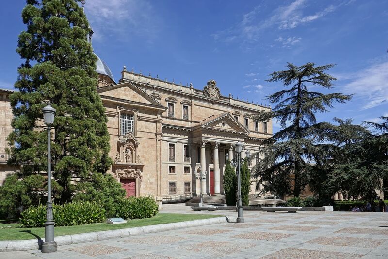 DC 22-0794-087.jpg :: Saga Douro River Cruise, Salamanca. Spain: The Palacio de Anaya, also known as the Colegio Mayor de San Bartolomé. It is located in Salamanca, Spain, and currently houses the Faculty of Philology of the University of Salamanca. The palace is a significant example of Neoclassical architecture, a style that is relatively rare among the predominantly Baroque and Gothic buildings of Salamanca. The original colegio was founded in 1401 by Diego de Anaya Maldonado, Archbishop of Seville. The current building's construction began in 1760, based on plans by José Hermosilla, to replace the previous structure which was badly damaged by the 1755 Lisbon earthquake. The main façade, prominently visible in the image, features a large entranceway with four massive Ionic columns topped by a triangular pediment. The palace is situated in the Plaza de Anaya, a large public square directly opposite the New Cathedral of Salamanca. The area is a hub for university life. Photo taken 01/09/2022