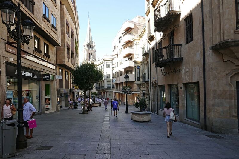 DC 22-0794-092.jpg :: Saga Douro River Cruise, Salamanca. Spain: The street shown in the image is Calle Toro (Toro Street) in the centre of Salamanca, Spain. This bustling street is a main shopping thoroughfare in the city's historic centre. Calle Toro connects the famous Plaza Mayor to other areas of the city centre. The prominent spire visible at the end of the street belongs to the church of La Clerecía (Iglesia del Espíritu Santo). Photo taken 01/09/2022
