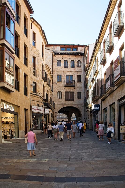 DC 22-0794-111.jpg :: Saga Douro River Cruise, Salamanca. Spain: Calle Toro is a main pedestrian and shopping street in the old centre of Salamanca, leading directly to the Plaza Mayor, through the arch. The street is known for its historical buildings and its status as the commercial heart of the city. Photo taken 01/09/2022