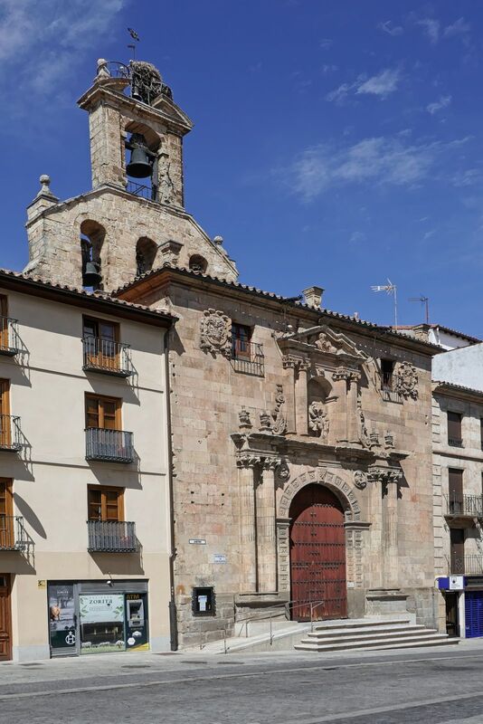 DC 22-0794-162b.jpg :: Saga Douro River Cruise, Salamanca. Spain: Iglesia de San Martín de Tours (Church of Saint Martin of Tours). This historic church, also referred to as San Martín Church, is a prominent landmark located near the Plaza Mayor. It is an example of Spanish Romanesque architecture. It was declared a National Historic-Artistic Monument (a Spanish asset of cultural interest) in 1931. The church was built in the 12th century, on top of a previous construction, during the city's resettlement. Photo taken 01/09/2022