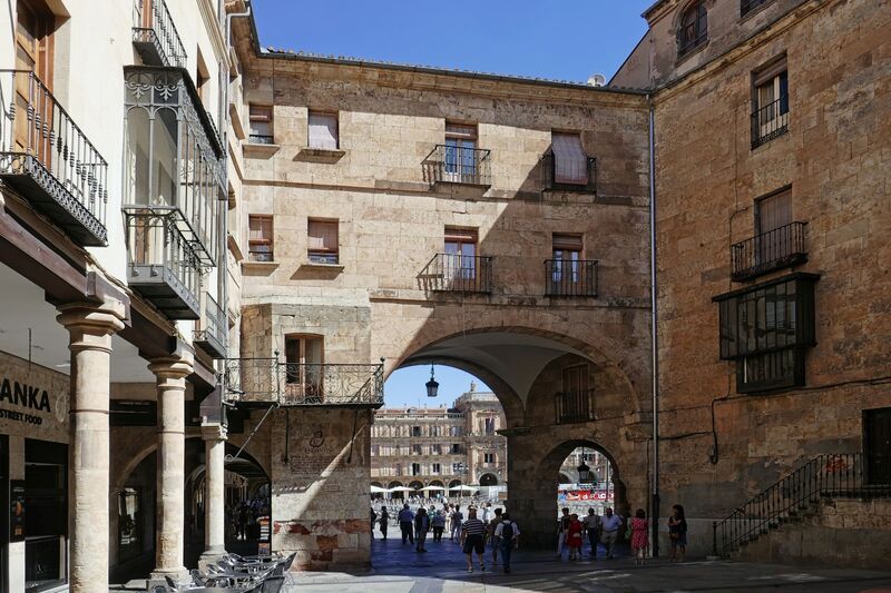 DC 22-0794-185.jpg :: Saga Douro River Cruise, Salamanca. Spain: Arched entrance leading into the Plaza Mayor (Main Square) of Salamanca. This specific archway is known as the entrance from the Plaza del Corrillo. Photo taken 01/09/2022