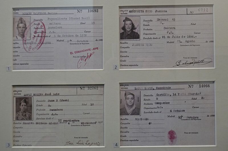 DC 22-0794-199.jpg :: Saga Douro River Cruise, Salamanca. Spain: General Archive of the Spanish Civil War in Salamanca. These are identification documents from the Spanish Civil War, housed in the General Archives of the Spanish Civil War in Salamanca. The documents are military or militia service records, containing personal details like name, age, profession, and organization joined. The archive in Salamanca holds extensive documentation from the 1936-1978 period, with the Civil War collection being a primary focus. Photo taken 01/09/2022