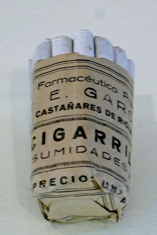 DC 22-0794-216.jpg :: Saga Douro River Cruise, Salamanca. Spain: General Archive of the Spanish Civil War in Salamanca. Shown in the image is a vintage pack of Cigarros Sumidades. These were a specific brand of medicinal or herbal cigarettes. Cigarros Sumidades (Spanish for \