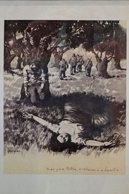 DC 22-0794-222.jpg :: Saga Douro River Cruise, Salamanca. Spain: The Centro Documental de la Memoria Histórica (Documentary Centre of Historical Memory), also known as the General Archive of the Spanish Civil War. This illustration is a famous work by Galician artist Alfonso Daniel Rodríguez Castelao. It is a plate from his 1937 album titled Atila en Galicia (Attila in Galicia), which denounced the brutal repression carried out by Franco's forces in Galicia during the Spanish Civil War. The caption reads \