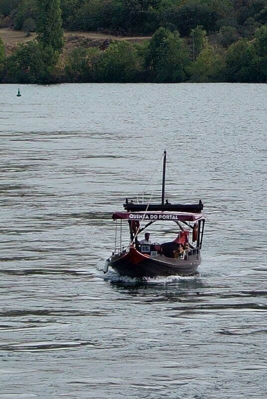 DC 22-0797-040.jpg :: Saga Douro River Cruise, Pocinho to Pinhao, River Douro: MS Douro Spirit passing the area of Praia de Douro on the River Douro. A traditional Portuguese rabelo boat on the Douro River, advertising the wine estate Quinta do Portal. Rabelo boats were historically used to transport barrels of Port wine from the vineyards in the Douro Valley to the aging cellars in Vila Nova de Gaia. Photo taken 02/09/2022