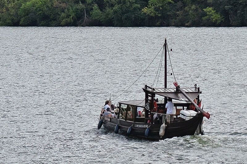 DC 22-0797-043.jpg :: Saga Douro River Cruise, Pocinho to Pinhao, River Douro: MS Douro Spirit passing the area of Praia de Douro on the River Douro. A traditional Portuguese rabelo boat on the Douro River, Rabelo boats were historically used to transport barrels of Port wine from the vineyards in the Douro Valley to the aging cellars in Vila Nova de Gaia. Photo taken 02/09/2022