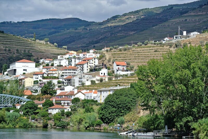 DC 22-0797-064.jpg :: Saga Douro River Cruise, Pocinho to Pinhao, River Douro: The village pictured in the image is Pinhão, a picturesque town nestled in the heart of Portugal's renowned Douro Valley wine region. The image shows the town from across the Douro River, featuring its distinctive iron bridge and the surrounding terraced hills covered in vineyards. Pinhão is located in the Norte Region of Portugal, within the Douro Valley, which is a UNESCO World Heritage site known for its stunning landscapes and port wine production. The prominent metal arch bridge spanning the river is the Ponte do Pinhão, an iron bridge completed in 1906. It is sometimes associated with the work of Gustave Eiffel's architectural practice, which designed other notable bridges in the region like the Dom Luís I Bridge in Porto. Photo taken 02/09/2022