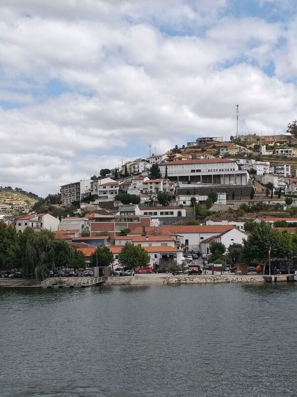 DC 22-0797-074.jpg :: Saga Douro River Cruise, Pocinho to Pinhao, River Douro: The village pictured in the image is Pinhão, a picturesque town nestled in the heart of Portugal's renowned Douro Valley wine region. The image shows the town from across the Douro River, featuring its distinctive iron bridge and the surrounding terraced hills covered in vineyards. Pinhão is located in the Norte Region of Portugal, within the Douro Valley, which is a UNESCO World Heritage site known for its stunning landscapes and port wine production. Photo taken 02/09/2022