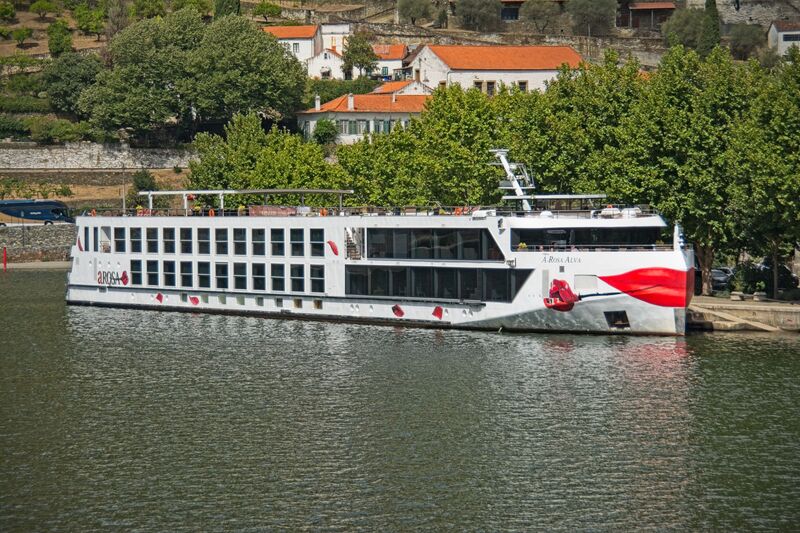 DC 22-0797-101.jpg :: Saga Douro River Cruise, Pocinho to Pinhao, River Douro: Berthed in Pinhao, the MS A-ROSA ALVA, a river cruise ship operated by A-Rosa Cruises. It was built in 2018 and began its maiden voyages on the Douro River in Portugal in 2019. Photo taken 02/09/2022