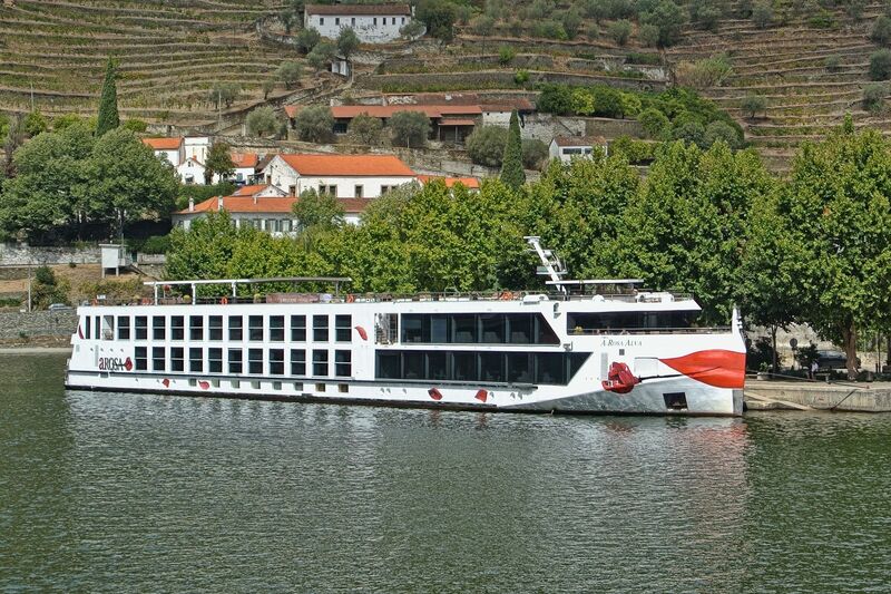 DC 22-0797-103.jpg :: Saga Douro River Cruise, Pocinho to Pinhao, River Douro: Berthed in Pinhao, the MS A-ROSA ALVA, a river cruise ship operated by A-Rosa Cruises. It was built in 2018 and began its maiden voyages on the Douro River in Portugal in 2019. Photo taken 02/09/2022