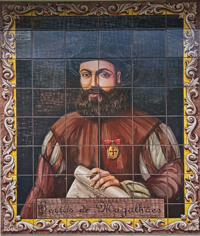 DC 22-0797-115.jpg :: Saga Douro River Cruise, Pocinho to Pinhao, River Douro: Hand-painted ceramic tile with motif Fernao Magalhaes at  Cais da Foz Restaurant, Sabrosa Pinhao. Photo taken 02/09/2022