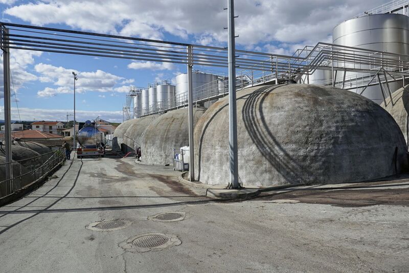 DC 22-0808-042.jpg :: Saga Douro River Cruise, Favaios:  The building in the image is the Adega Cooperativa de Favaios, a renowned winery located in the village of Favaios within the Douro wine region of Portugal. The winery is famous for producing one of Portugal's most iconic fortified wines, Moscatel de Favaios. The winery is nestled in the picturesque Alto Douro wine region of Portugal, a UNESCO World Heritage site. Founded in 1952, the cooperative was established by local producers to create their famous Moscatel wine. While most famous for its Moscatel, the winery also produces DOC Douro wines (white, red, and rosé), sparkling wines, and Port wine. Local wine producers bringing their grapes for quality checking and unloading. Storage tanks. Photo taken 02/09/2022