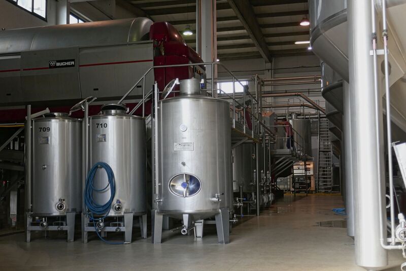 DC 22-0808-044.jpg :: Saga Douro River Cruise, Favaios:  The building in the image is the Adega Cooperativa de Favaios, a renowned winery located in the village of Favaios within the Douro wine region of Portugal. The winery is famous for producing one of Portugal's most iconic fortified wines, Moscatel de Favaios. The winery is nestled in the picturesque Alto Douro wine region of Portugal, a UNESCO World Heritage site. Founded in 1952, the cooperative was established by local producers to create their famous Moscatel wine. While most famous for its Moscatel, the winery also produces DOC Douro wines (white, red, and rosé), sparkling wines, and Port wine. Fermentation tanks. Photo taken 02/09/2022