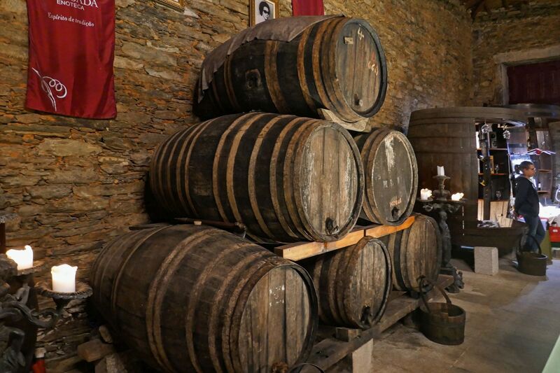 DC 22-0808-072.jpg :: Saga Douro River Cruise, Favaios, Avessada Wine Estate: Quinta da Avessada is located in the centre of the Douro demarcated region at its highest point (at an altitude of 600 meters) and the flattest point in the whole region (about 1,000ha of plateau), consisting of four buildings (one of them is one hundred years old) and 25ha of planting. Due to this, 90% of its plantation is destined to the production of Muscat grapes, with which Moscatel de Favaios is produced, and is designated a national apéritif. It is the Wine-Growing Village of Favaios. Vault of wine barrels. Photo taken 02/09/2022