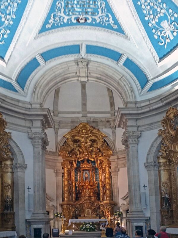 DC 22-0810-008.jpg :: Saga Douro River Cruise, Santuario de Nossa Senhora dos Remedios and Regua:  Ornate interior of the Santuário de Nossa Senhora dos Remédios (Sanctuary of Our Lady of Remedies) in Lamego, Portugal. The sanctuary is a significant pilgrimage site and considered an important part of Portuguese heritage. The interior features a richly carved, gilded altar, which is considered a work of art. The overall architectural style is Baroque. Photo taken 03/09/2022